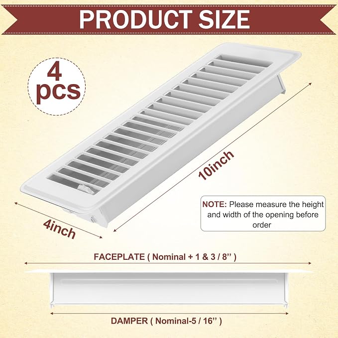 4 Pcs 4" x 12" Floor Register Vent Covers Heavy Duty Steel Walkable Floor Vents with Adjustable Airflow Curved Safe Edges and