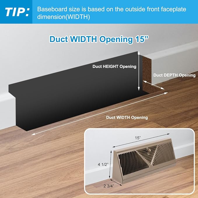 4 Pcs Baseboard Register Vent 15 Inch Duct Opening Size Baseboard Vent Covers Baseboard Diffuser Adjustable, alternate view 2
