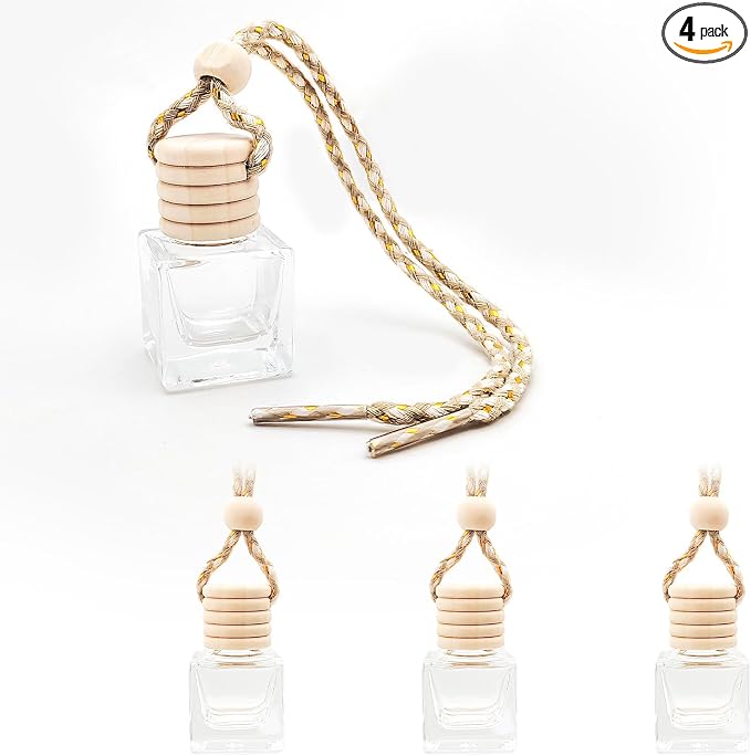 4 PCS Hanging Car Air Freshener, 8ml Empty Glass Perfume Bottle Pendant with Wooden Caps & Ropes, product image