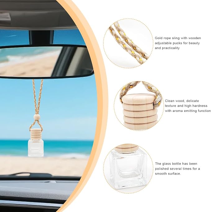 4 PCS Hanging Car Air Freshener, 8ml Empty Glass Perfume Bottle Pendant with Wooden Caps & Ropes, alternate product view 5