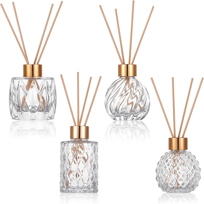 4 Piece Reed Diffuser Set, 3.5-4.2oz Empty Bottles and 20 Reed Sticks, Unique Design for Home and Office, product image
