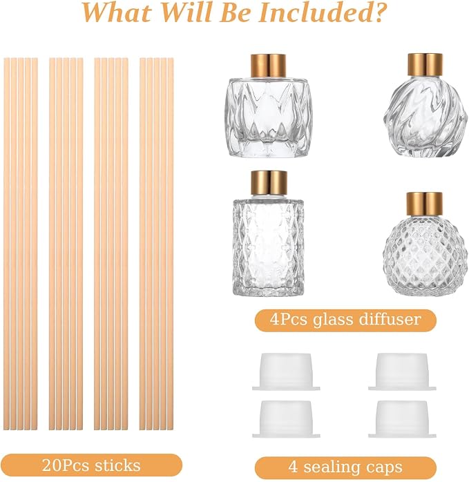 4 Piece Reed Diffuser Set, 3.5-4.2oz Empty Bottles and 20 Reed Sticks, Unique Design for Home and Office, alternate product