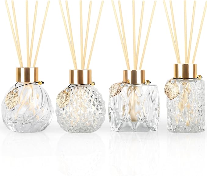 4-Piece Reed Diffuser Set with Metal Golden Decoration, 3.5-4.2oz Empty Bottles and 20 Reed Sticks, product image