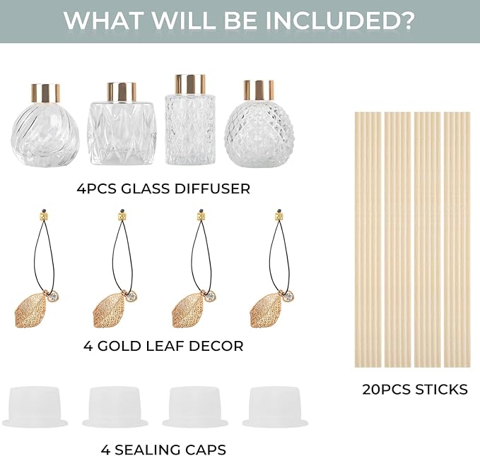 4-Piece Reed Diffuser Set with Metal Golden Decoration, 3.5-4.2oz Empty Bottles and 20 Reed Sticks, alternate product view 4