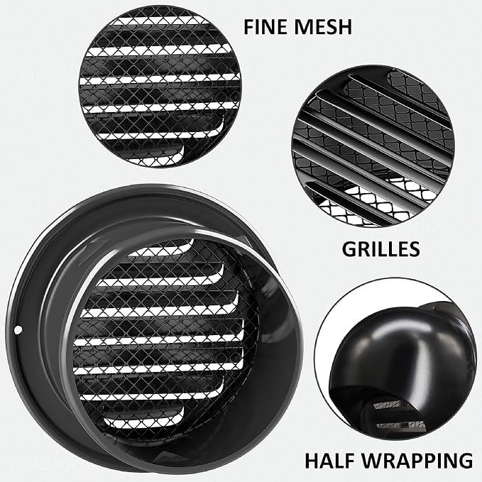 4" Round Wall Vent Cap, Black Paint Stainless Steel Air Extractor Wall Cover Rainproof Outlet Cap for Flats, Apartment