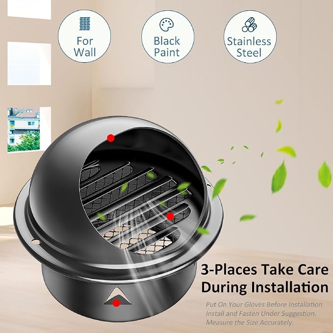 4" Round Wall Vent Cap, Black Paint Stainless Steel Air Extractor Wall Cover Rainproof Outlet Cap for Flats, Apartment