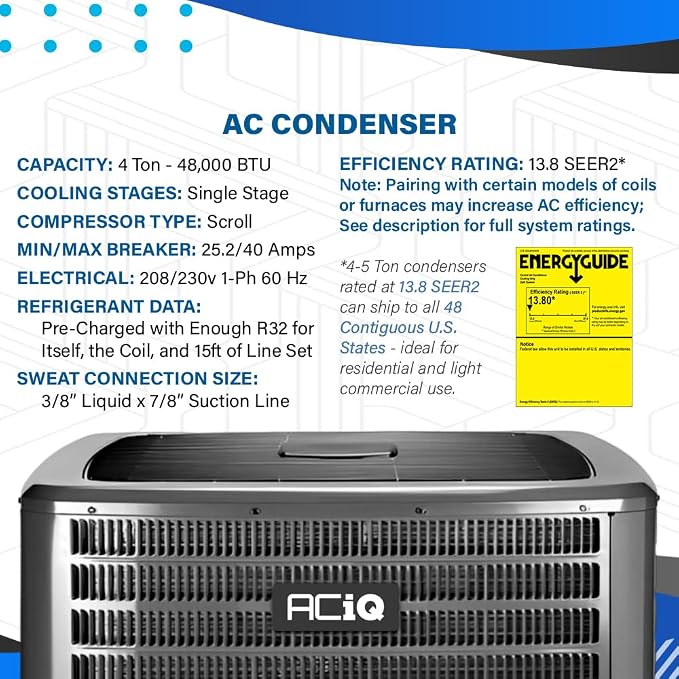 4 Ton 13.8 SEER2 Central Air Conditioner Split System & Mobile Home Coil with 50ft Install Kit - R32 Single, alternate view 4