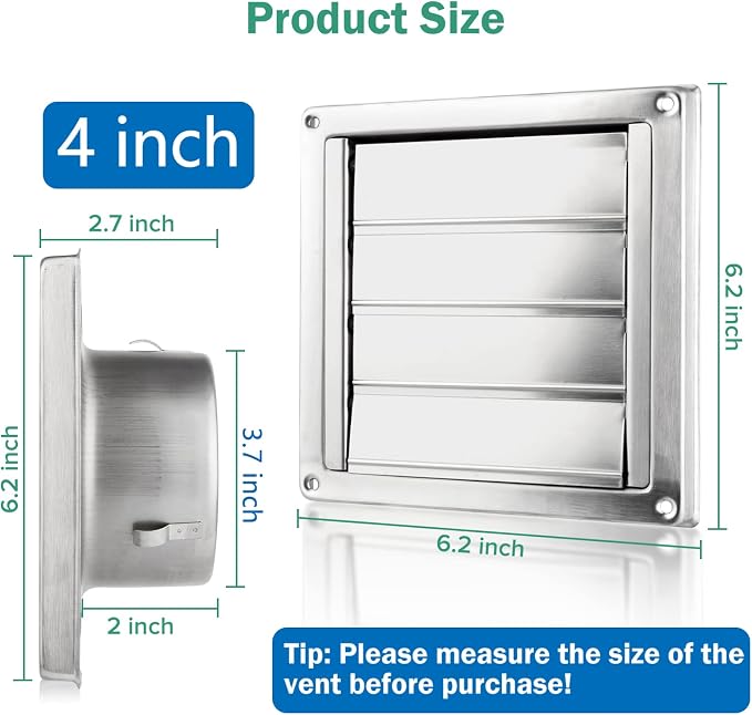 4" Upgrade Metal Dryer Vent Cover for House, Premium Stainless Steel Dryer Vent with 4 Screws Rubber Gasket, Best Exterior