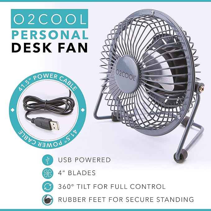 4" USB Personal Desk Fan – Portable Mini Table Cooling Fan - Plugs into Computer - Adjustable 360° Tilt, Quiet, Rubber Grip