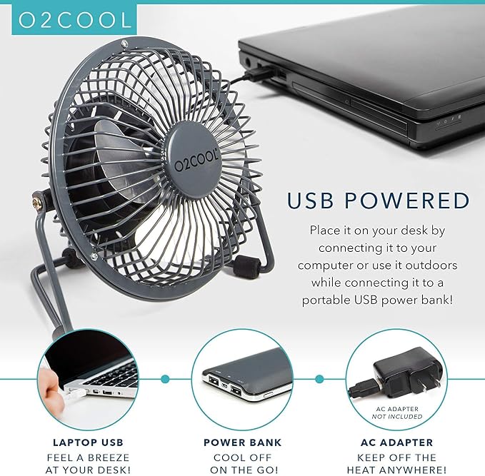 4" USB Personal Desk Fan – Portable Mini Table Cooling Fan - Plugs into Computer - Adjustable 360° Tilt, Quiet, Rubber Grip