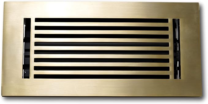 4 x 10 Cast Aluminum Linear Bar Vent Cover with Damper - Brushed Brass (Overall: 5.75 x 11.75) | Floor Register - Wall