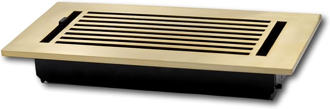 4 x 10 Cast Aluminum Linear Bar Vent Cover with Damper - Brushed Brass (Overall: 5.75 x 11.75) | Floor Register - Wall