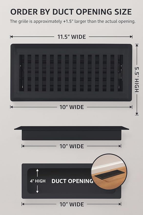 4" x 10" Contemporary Design Steel Floor Register in Textured Black Finish for Floor- Decorative Air Vent, alternate view 4