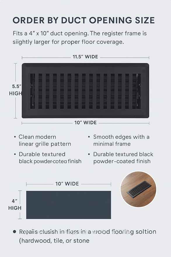 4" x 10" Contemporary Design Steel Floor Register in Textured Black Finish for Floor - Decorative Air Vent, alternate view 3