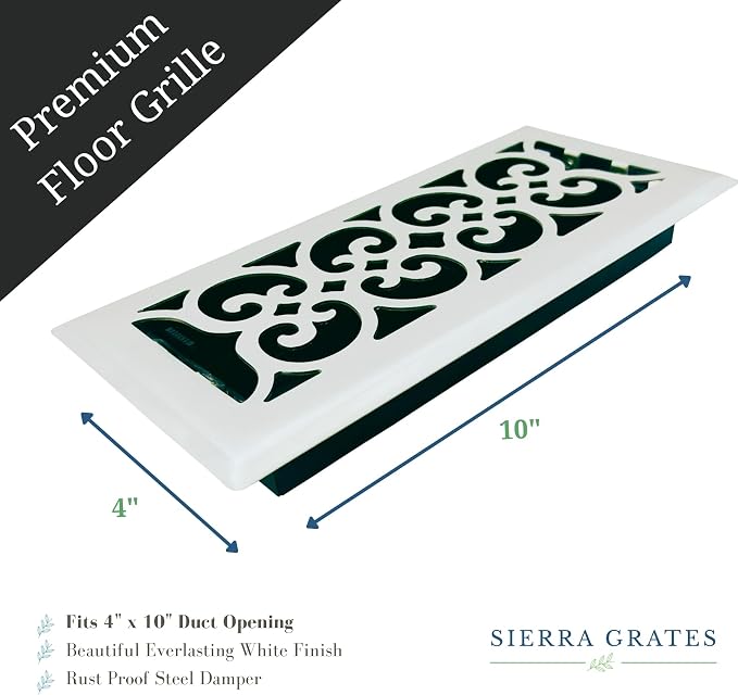 4" x 10" Victorian Design Steel Floor Register in Glacier White Finish for Floor l- Decorative Air Vent Covers- Floor