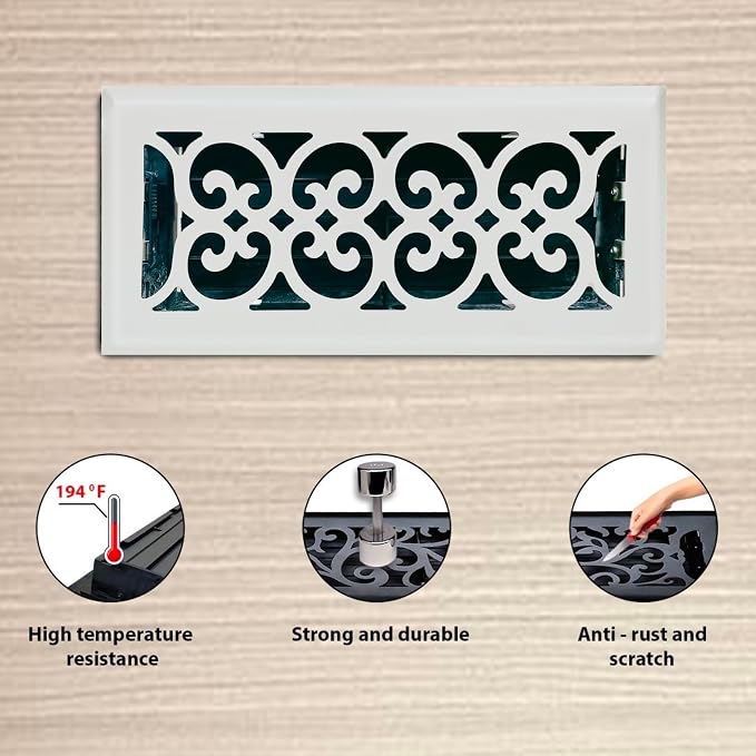 4" x 10" Victorian Design Steel Floor Register in Glacier White Finish for Floor l- Decorative Air Vent Covers- Floor