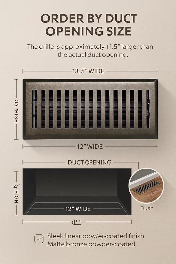 4" x 12" Contemporary Design Steel Floor Register in Metallic Bronze Finish for Floor l- Decorative Air Vent, alternate view