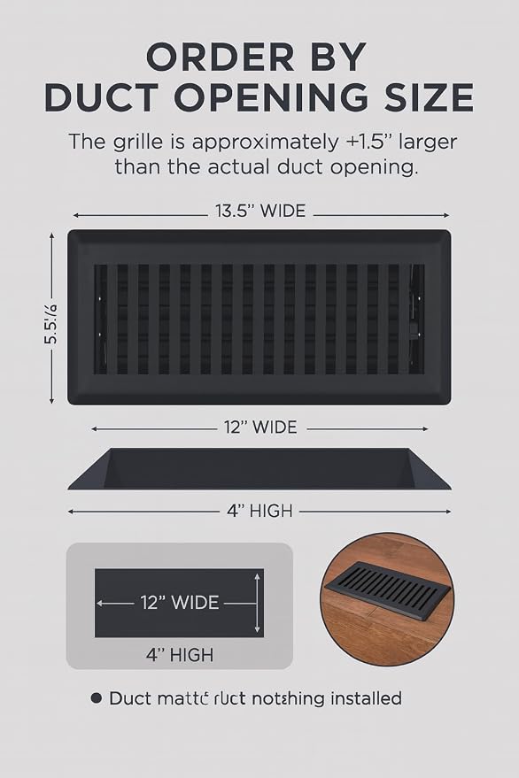 4" x 12" Contemporary Design Steel Floor Register in Textured Black Finish for Floor l- Decorative Air Vent Covers- Floor