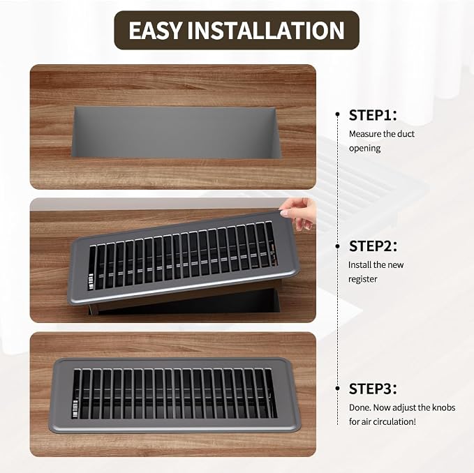 4" x 12" Floor Register 6 Pack, Heavy Duty Steel Walkable Floor Vents, Easy Adjust Air Vent Covers for Home, alternate view 6