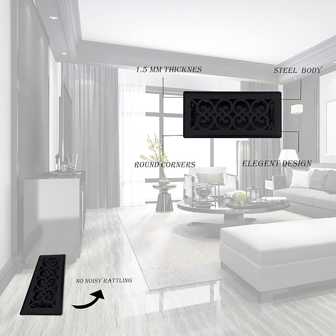 4" x 12" Victorian Floor Register in Textured Black - Vent Covers for Home Floor- Decorative Air Vent Covers- Floor Register