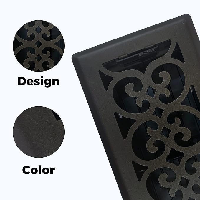4" x 12" Victorian Floor Register in Textured Black - Vent Covers for Home Floor- Decorative Air Vent Covers- Floor Register