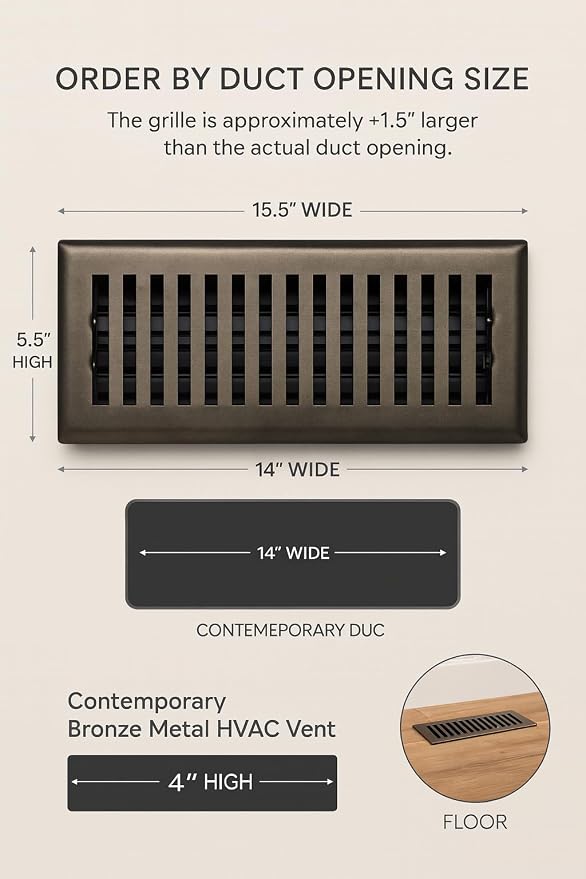 4" x 14" Contemporary Design Steel Floor Register in Metallic Bronze Finish for Floor l- Decorative Air Vent, alternate view