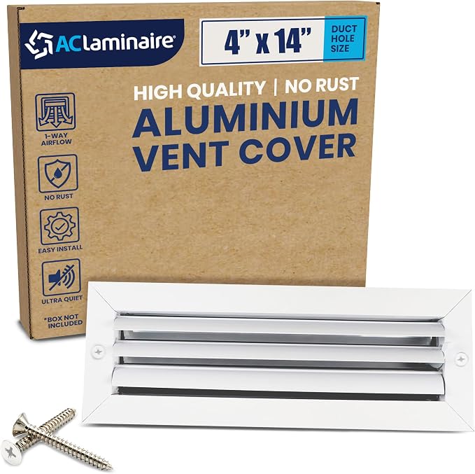 4" x 14" Duct Hole [5.6" x 15.6" Face] Aluminum 1-Way Vent Cover: Adjustable Curved Blade Air Supply Diffuser