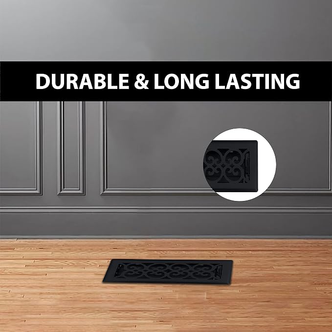 4" x 14" Victorian Floor Register in Textured Black Finish - Vent Covers for Home Floor- Decorative Air Vent Covers- Floor