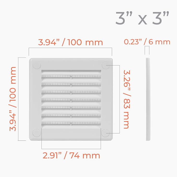 4" x 4" (Outer Size) Square Air Vent Cover – White Plastic Vent Deflector - Screen Mesh, Surface Mount Wall, alternate view 4