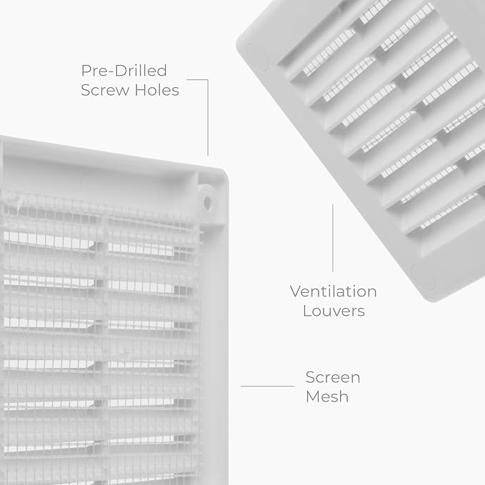 4" x 4" (Outer Size) Square Air Vent Cover – White Plastic Vent Deflector - Screen Mesh, Surface Mount Wall, alternate view 7