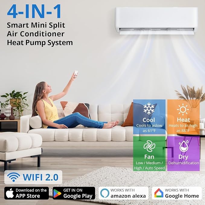 4 Zone Ductless Mini Split AC and Heat Pump System, 35000 BTU 19 SEER2 Inverter, 208-230V, with Pre-Charged Condenser for