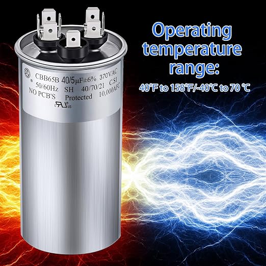40/5 MFD uF 370/440V CBB65 Dual Run Round Capacitor for AC Motor, HVAC Capacitor, Air Conditioner Replacement, alternate view