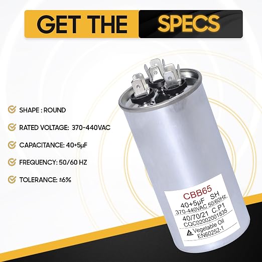 40+5 uF 40/5 MFD 370V/440V CBB65B Dual Run Round Capacitor 50/60 Hz - Replacement for AC Motor Run or Fan Start, alternate