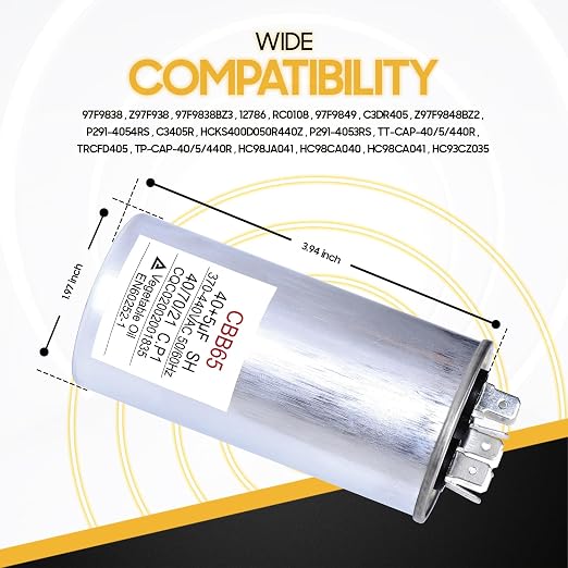 40+5 uF 40/5 MFD 370V/440V CBB65B Dual Run Round Capacitor 50/60 Hz - Replacement for AC Motor Run or Fan Start, alternate