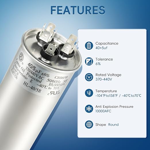 40+5 uF 40/5 MFD ±6% 370V/440VAC CBB65 Dual Run Circular Start Capacitor for Heat Pump Air Conditioner, Ten, alternate view 4