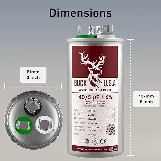 40+5uF 40/5 MFD ±6% CBB65B Dual Run Round Start Capacitor - Ideal for HVAC Systems, Air Conditioner Unit Fan Motor Start