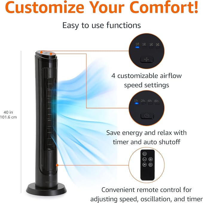 40" 70-Degree Oscillating Digital Tower Fan with Powerful Airflow for Bedroom, Living Room, Office, 4 Speeds, 3 Modes