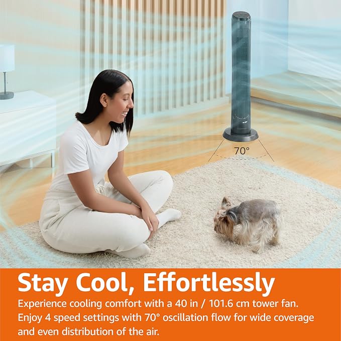 40" 70-Degree Oscillating Digital Tower Fan with Powerful Airflow for Bedroom, Living Room, Office, 4 Speeds, 3 Modes
