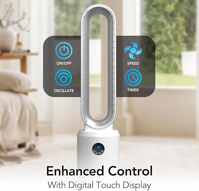 40" Bladeless Tower Fan for Bedroom with Remote Control, 9H Timer, Wide Area Oscillation, Push Button Digital Display, 3