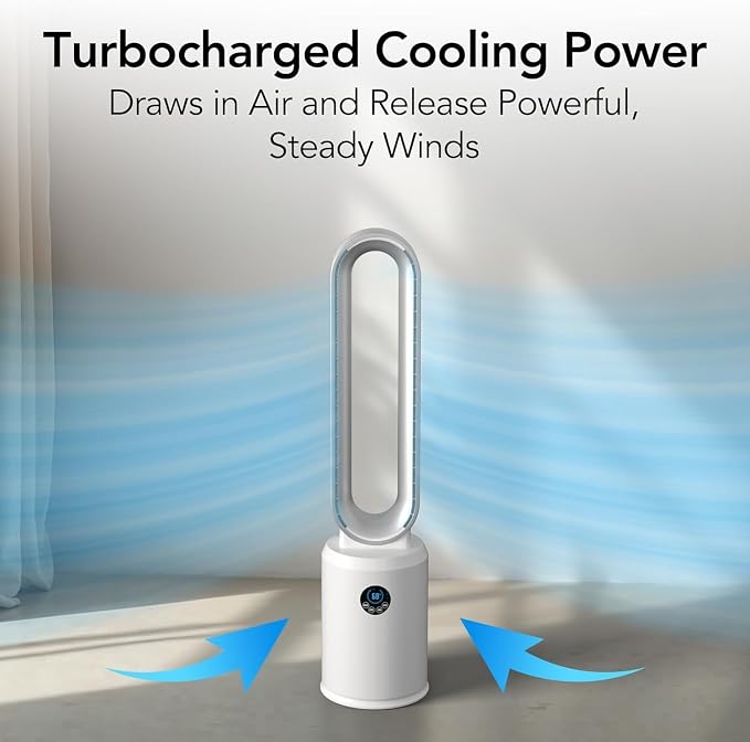 40" Bladeless Tower Fan for Bedroom with Remote Control, 9H Timer, Wide Area Oscillation, Push Button Digital Display, 3