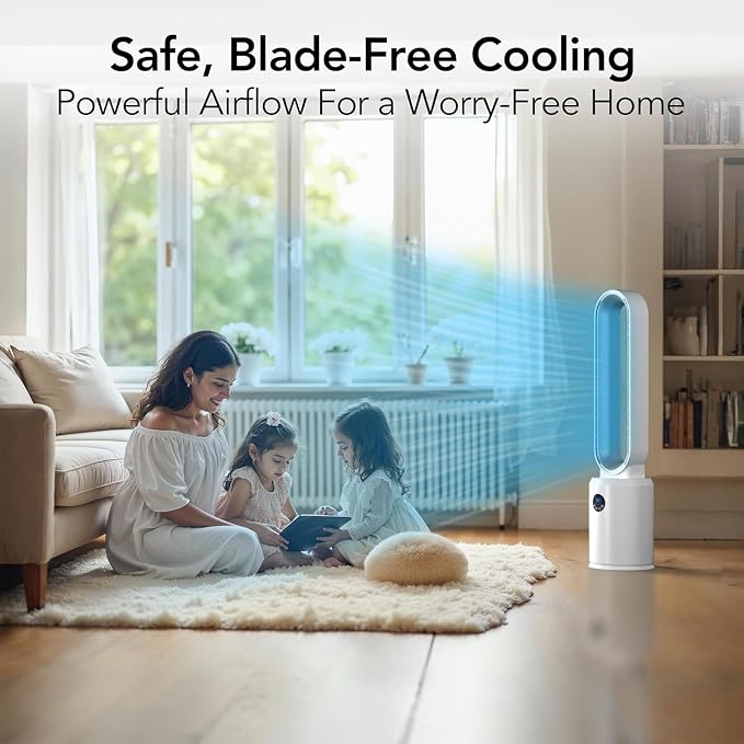 40" Bladeless Tower Fan for Bedroom with Remote Control, 9H Timer, Wide Area Oscillation, Push Button Digital Display, 3