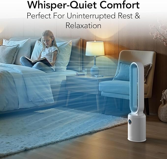40" Bladeless Tower Fan for Bedroom with Remote Control, 9H Timer, Wide Area Oscillation, Push Button Digital Display, 3