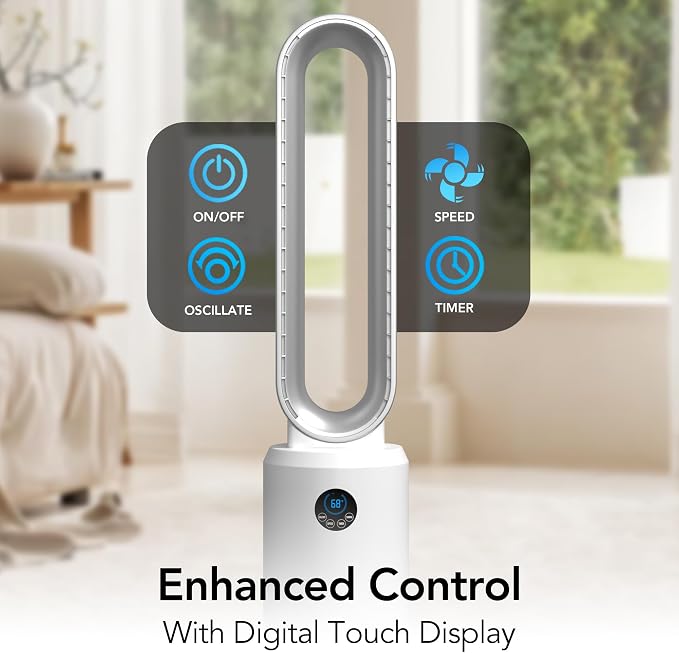 40-Inch Bladeless Tower Fan for Bedroom – Quiet Standing Fan with Remote Control, 9H Timer & Wide Area Oscillation
