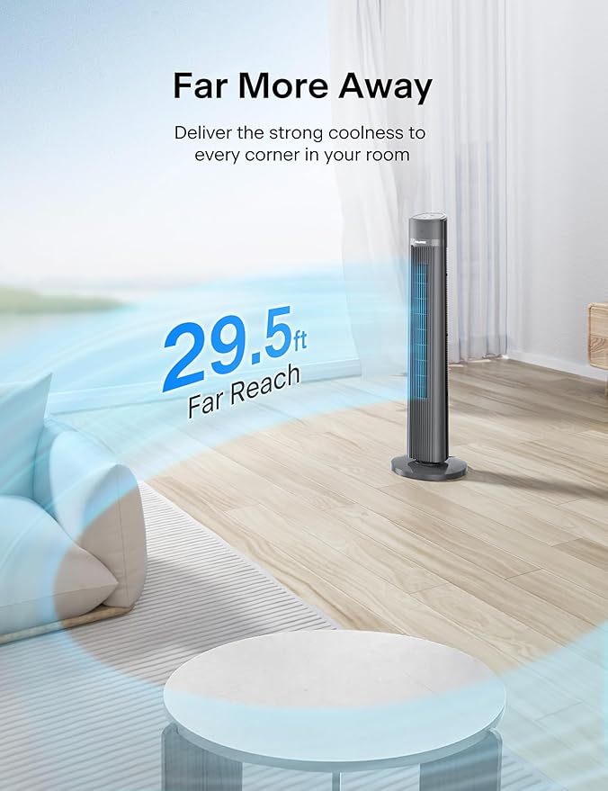 40-inch Bladeless Tower Fan for Bedroom, Standing Fan with Remote Control, 26ft/s, 90° Oscillation, 3 Speed Settings, 27 dB