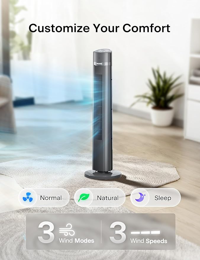 40-inch Bladeless Tower Fan for Bedroom, Standing Fan with Remote Control, 26ft/s, 90° Oscillation, 3 Speed Settings, 27 dB