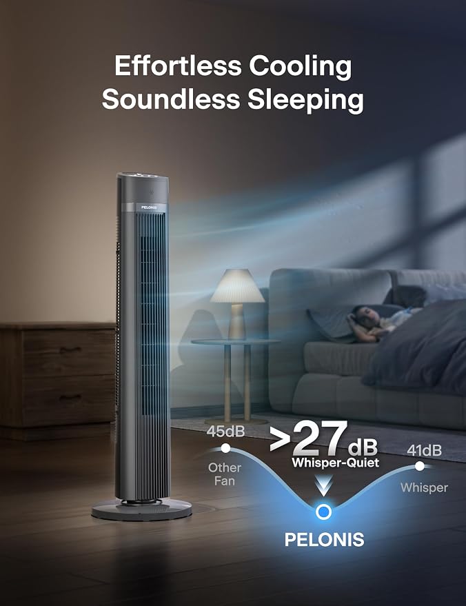 40-inch Bladeless Tower Fan for Bedroom, Standing Fan with Remote Control, 26ft/s, 90° Oscillation, 3 Speed Settings, 27 dB