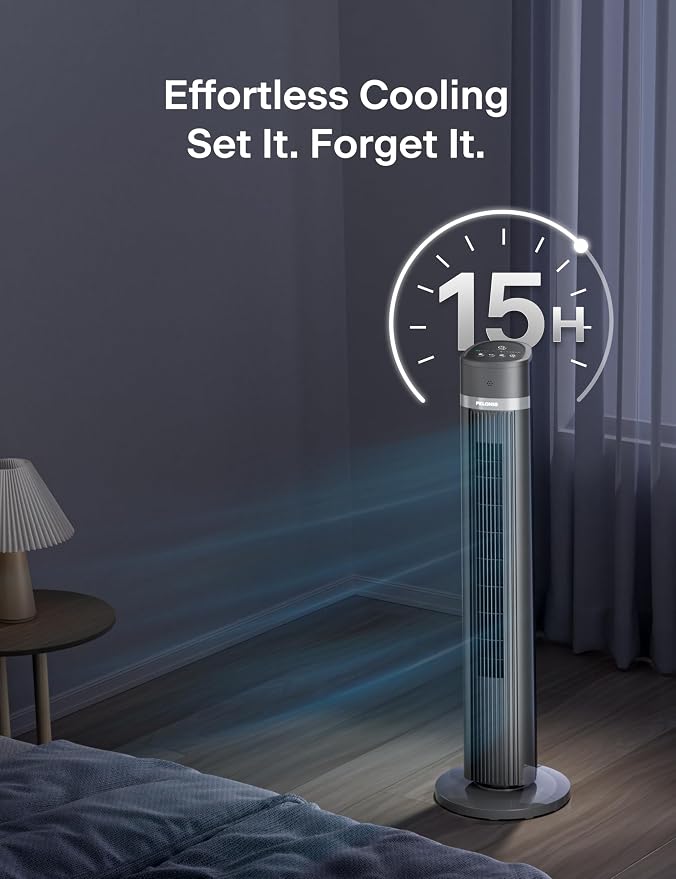 40-inch Bladeless Tower Fan for Bedroom, Standing Fan with Remote Control, 26ft/s, 90° Oscillation, 3 Speed Settings, 27 dB