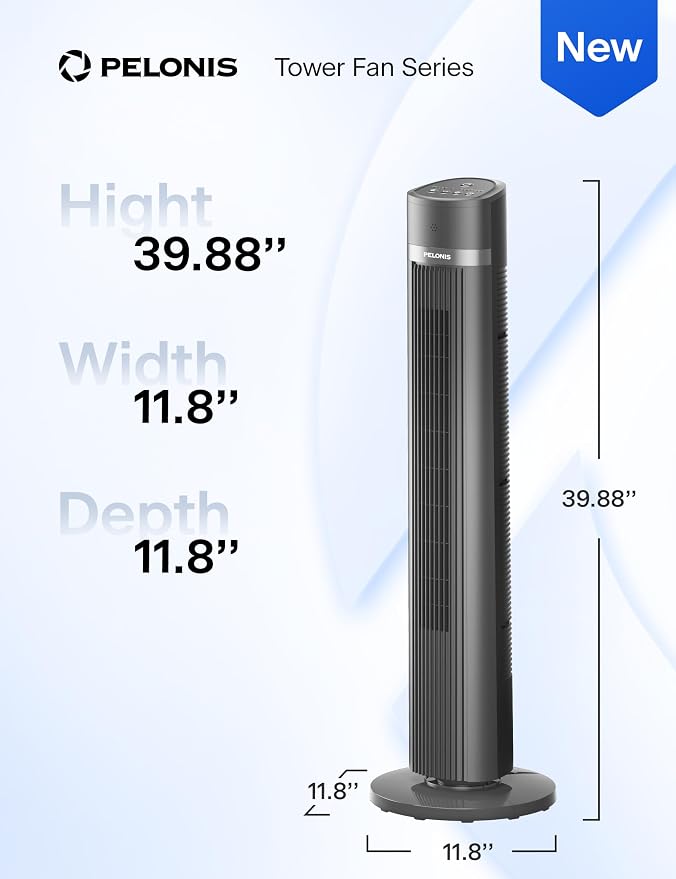 40-inch Bladeless Tower Fan for Bedroom, Standing Fan with Remote Control, 26ft/s, 90° Oscillation, 3 Speed Settings, 27 dB