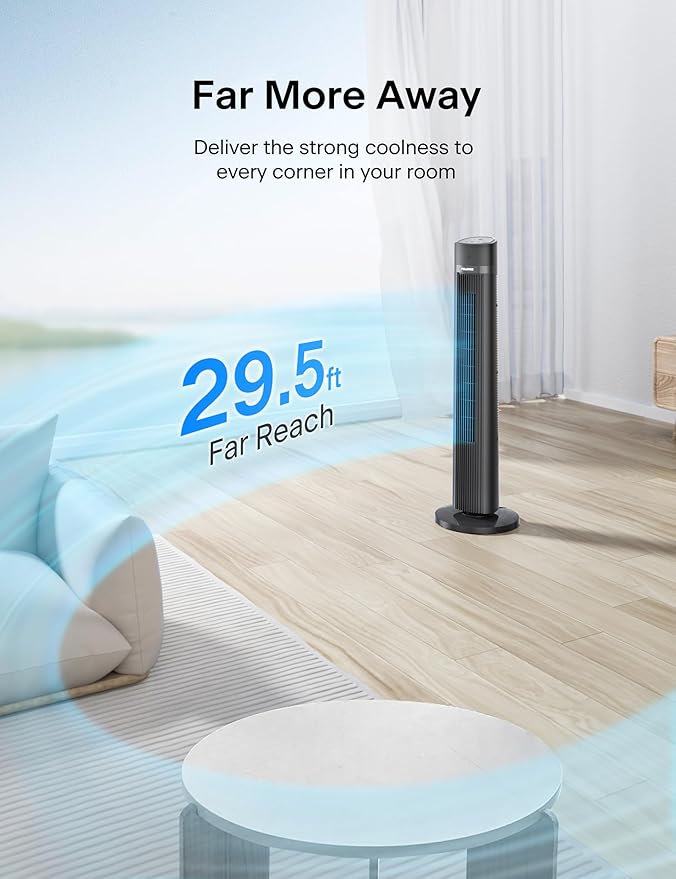 40 inch Bladeless Tower Fan for Bedroom, Standing Fan with Remote Control, 26ft/s, 90° Oscillation, 3 Speed Settings, 27 Db