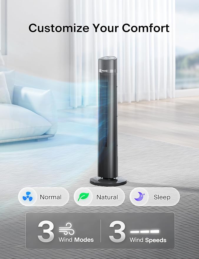 40 inch Bladeless Tower Fan for Bedroom, Standing Fan with Remote Control, 26ft/s, 90° Oscillation, 3 Speed Settings, 27 Db